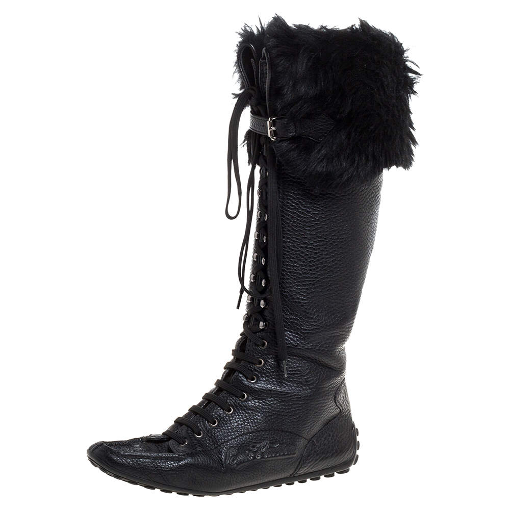 Louis Vuitton Black Leather And Fur Trim Mid Calf Lace Up Boots Size 41 Louis Vuitton | TLC