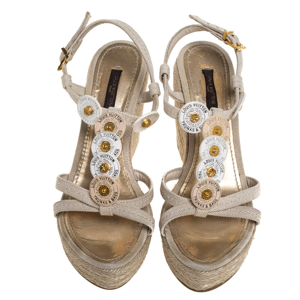 Louis Vuitton Beige Canvas Medallion Leather Detail Espadrille Wedge Platform Sandals Size 37