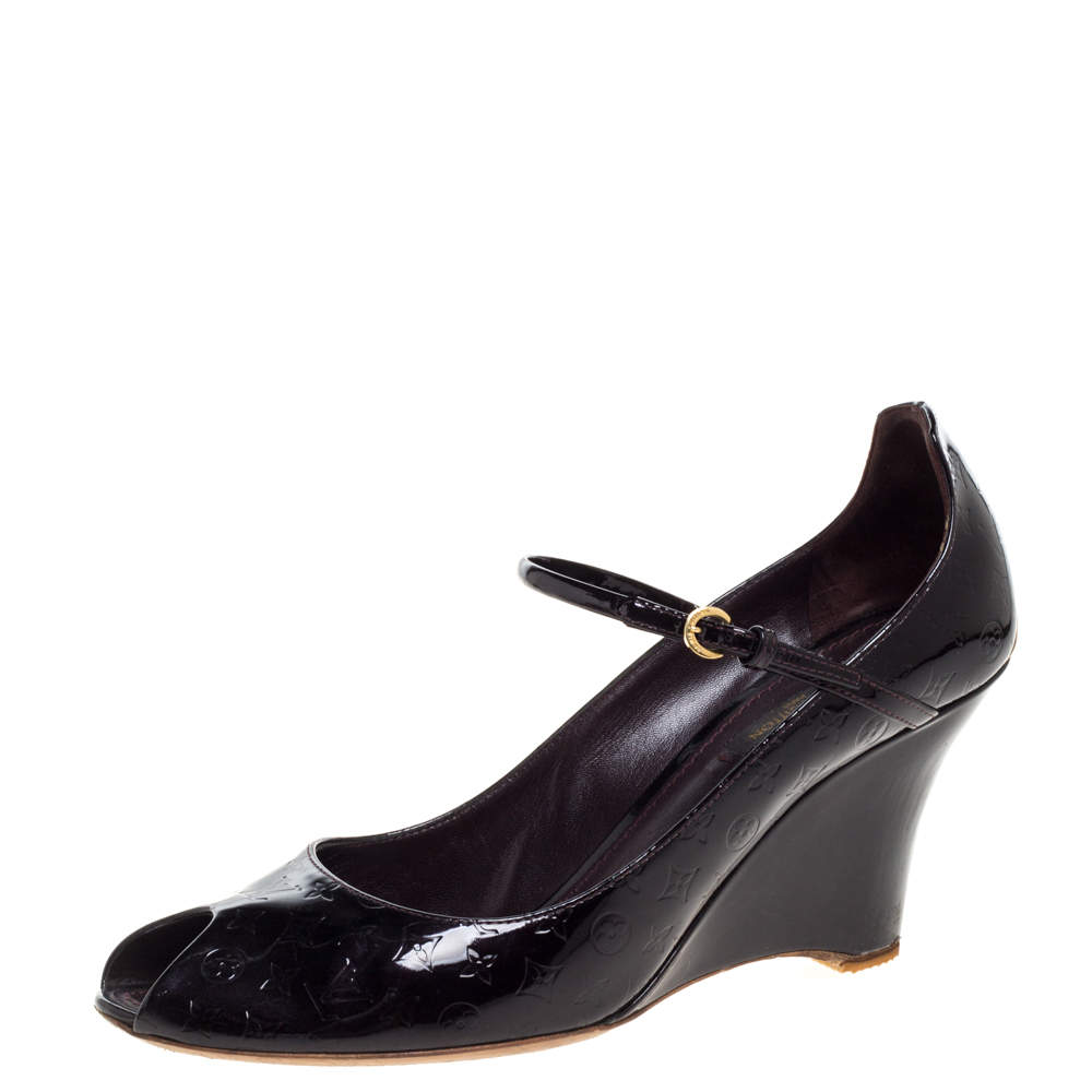 Pre Owned Louis Vuitton Amarante Monogram Vernis Peep Toe Ankle Strap Wedge Pumps Size 39.5