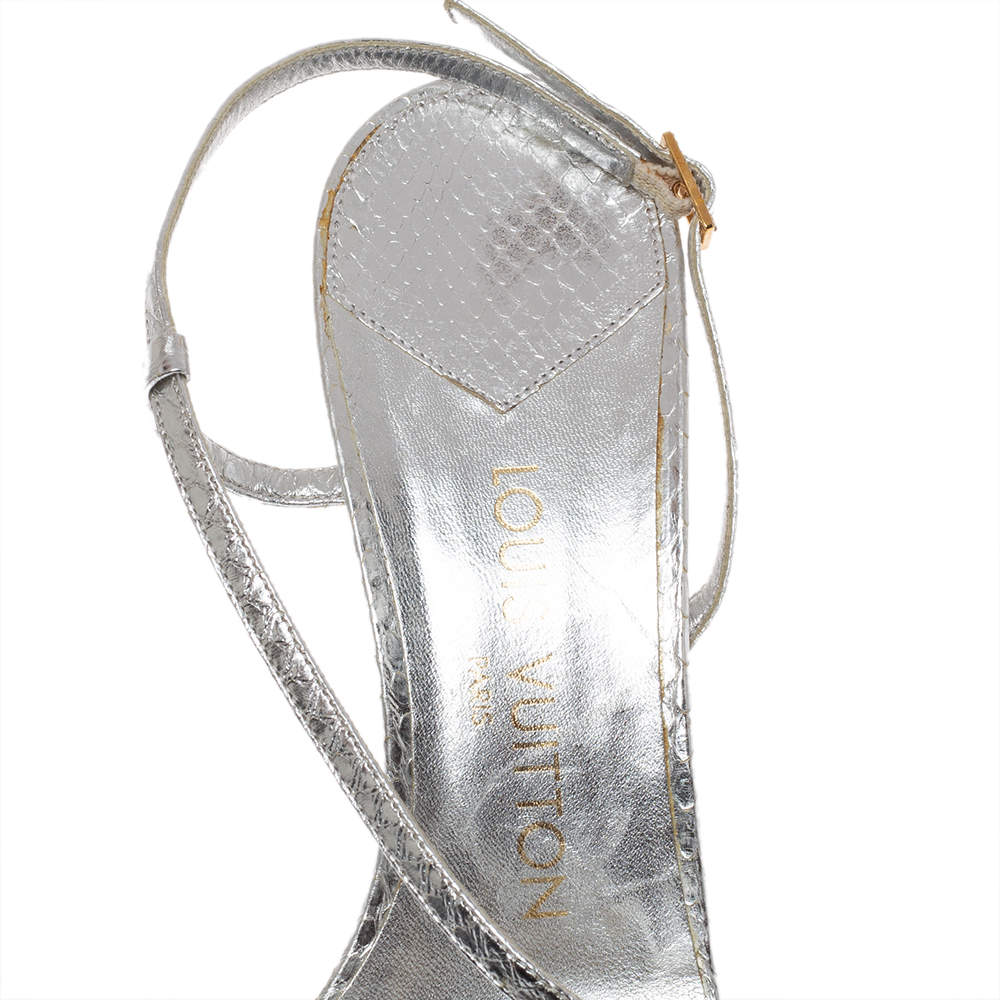Louis Vuitton Silver Python Embossed Leather LV Logo Embellished Slingback  Pumps Size 38.5 Louis Vuitton