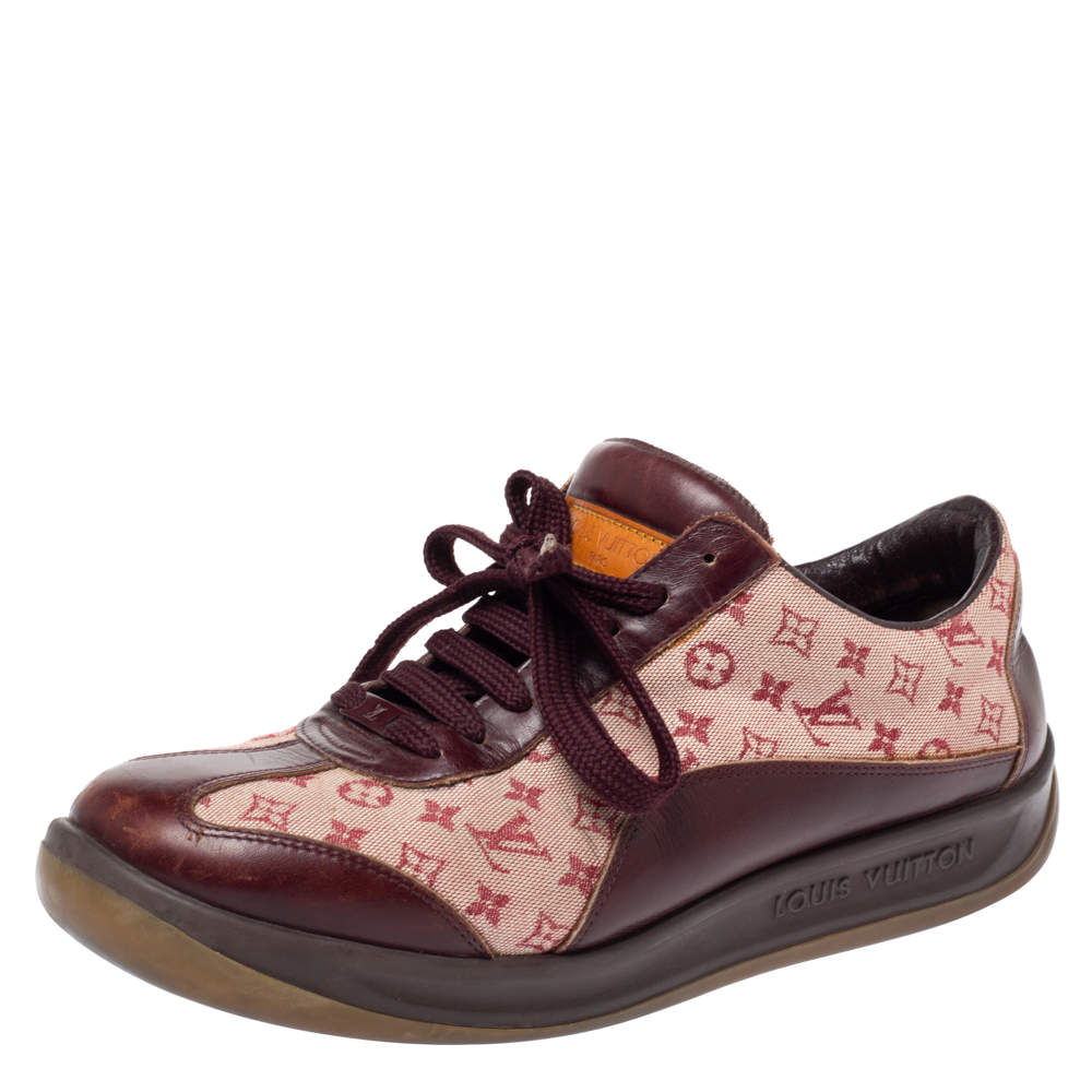 Louis Vuitton Burgundy Leather And Beige Monogram Canvas Lace Up Sneakers Size 38