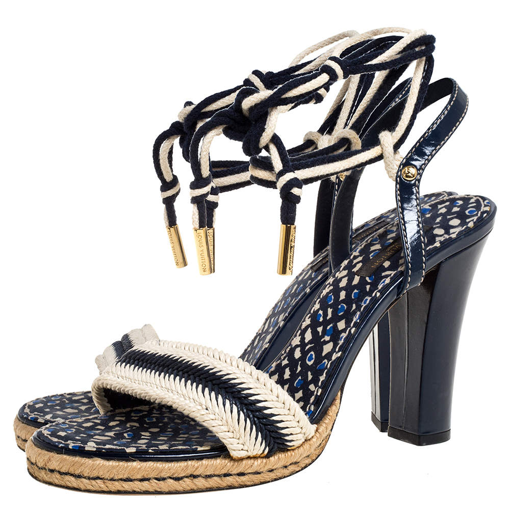 Louis Vuitton Blue/Cream Chevron Woven Rope And Patent Ankle Wrap Sandals  Size 39.5 Louis Vuitton