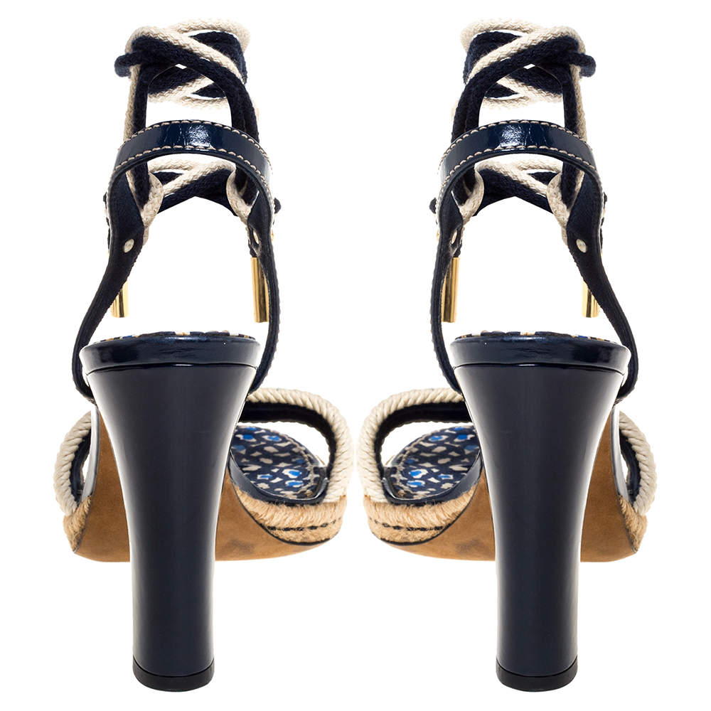 Louis Vuitton Blue/Cream Chevron Woven Rope And Patent Ankle Wrap Sandals  Size 39.5 Louis Vuitton