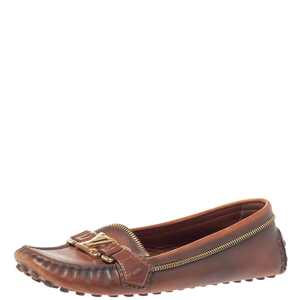 Louis Vuitton Ombre Brown Leather Oxford Zip Detail Loafers Size 39.5