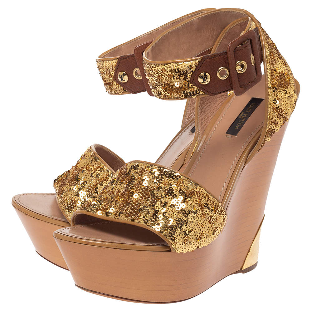 Louis Vuitton Gold Sequins Platform Wedge Ankle Wrap Sandals Size 38