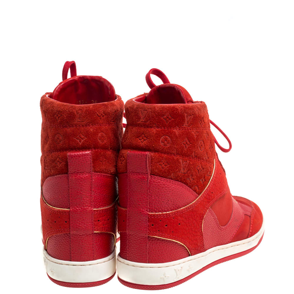 Louis Vuitton Red Suede Monogram Millenium Wedge Sneakers Size 36