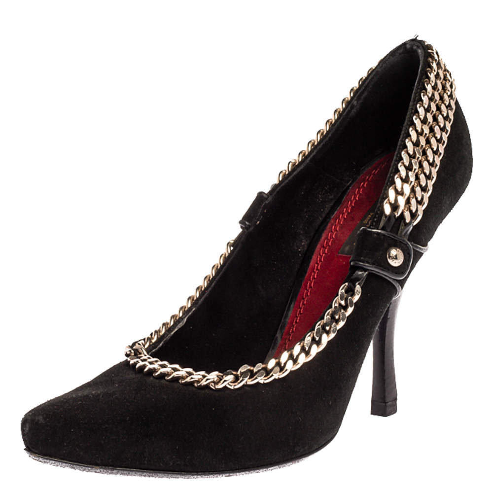 حذاء كعب عالي لوي فيتون مقدمة مدببة مزخرف سلسلة سويدي أسود مقاس 39
