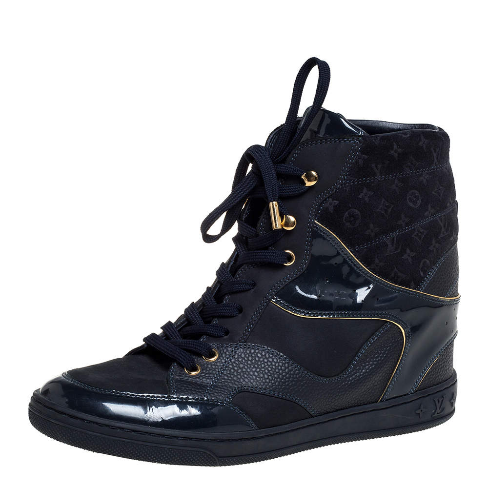 Pre Owned Louis Vuitton Blue Leather Monogram Cliff Top Wedge Ankle Boots Size 39.5