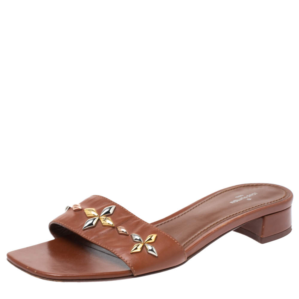 Louis Vuitton Brown Leather Embellished Open Toe Sandals Size 38.5
