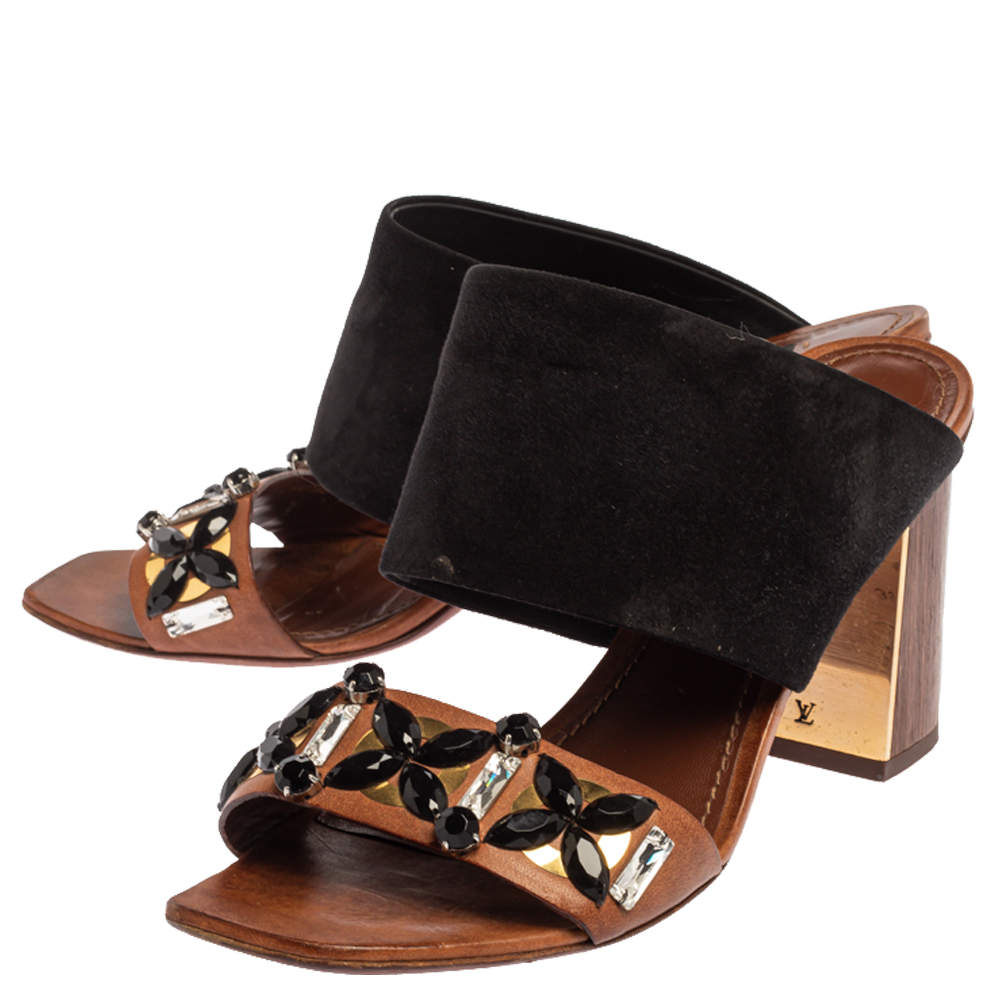 Louis Vuitton Black/Brown Suede and Leather Artful Embellished Mules Size  39 Louis Vuitton