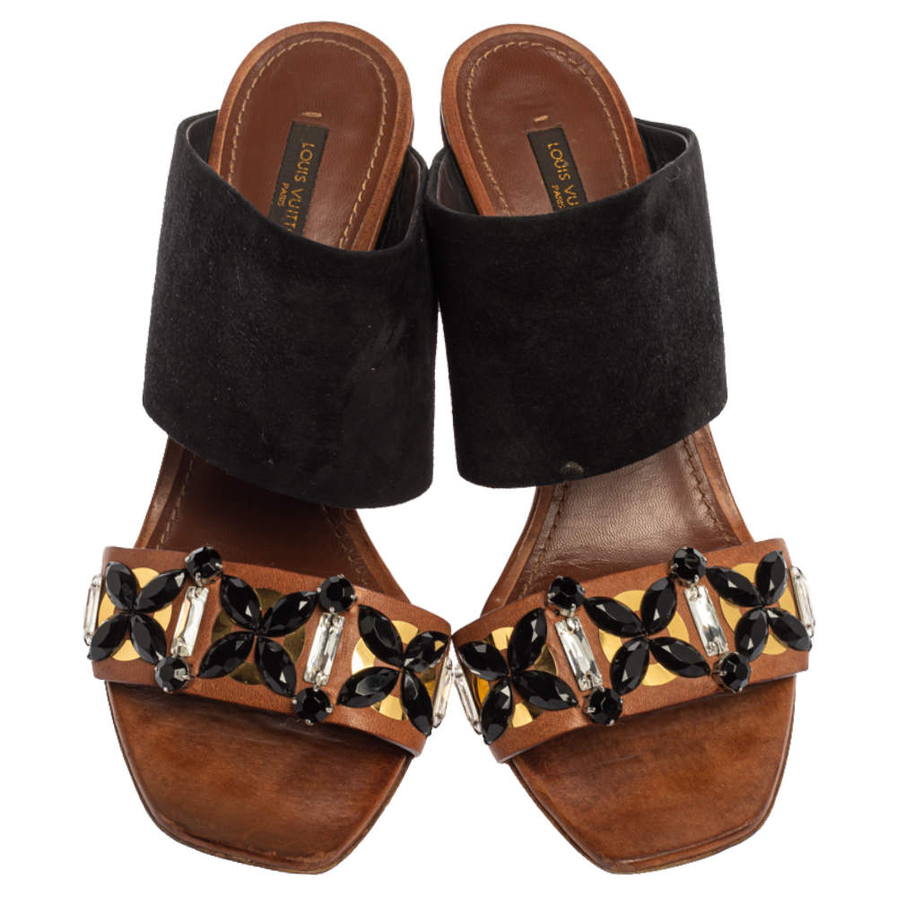 Louis Vuitton Black/Brown Suede and Leather Artful Embellished Mules Size  39 Louis Vuitton