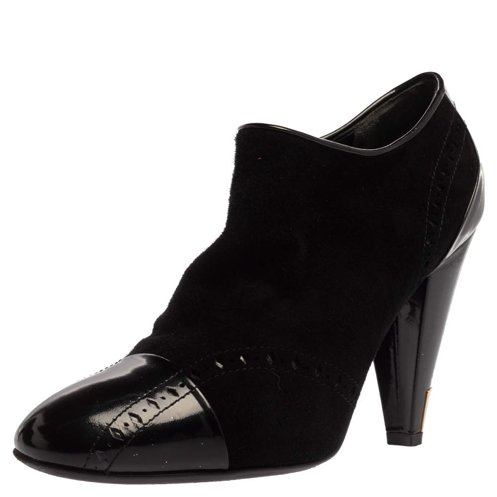 Pre Owned حذاء بوت كاحل لوي فيتون ميا جلد بروغي لامع و سويدي أسود مقاس 38