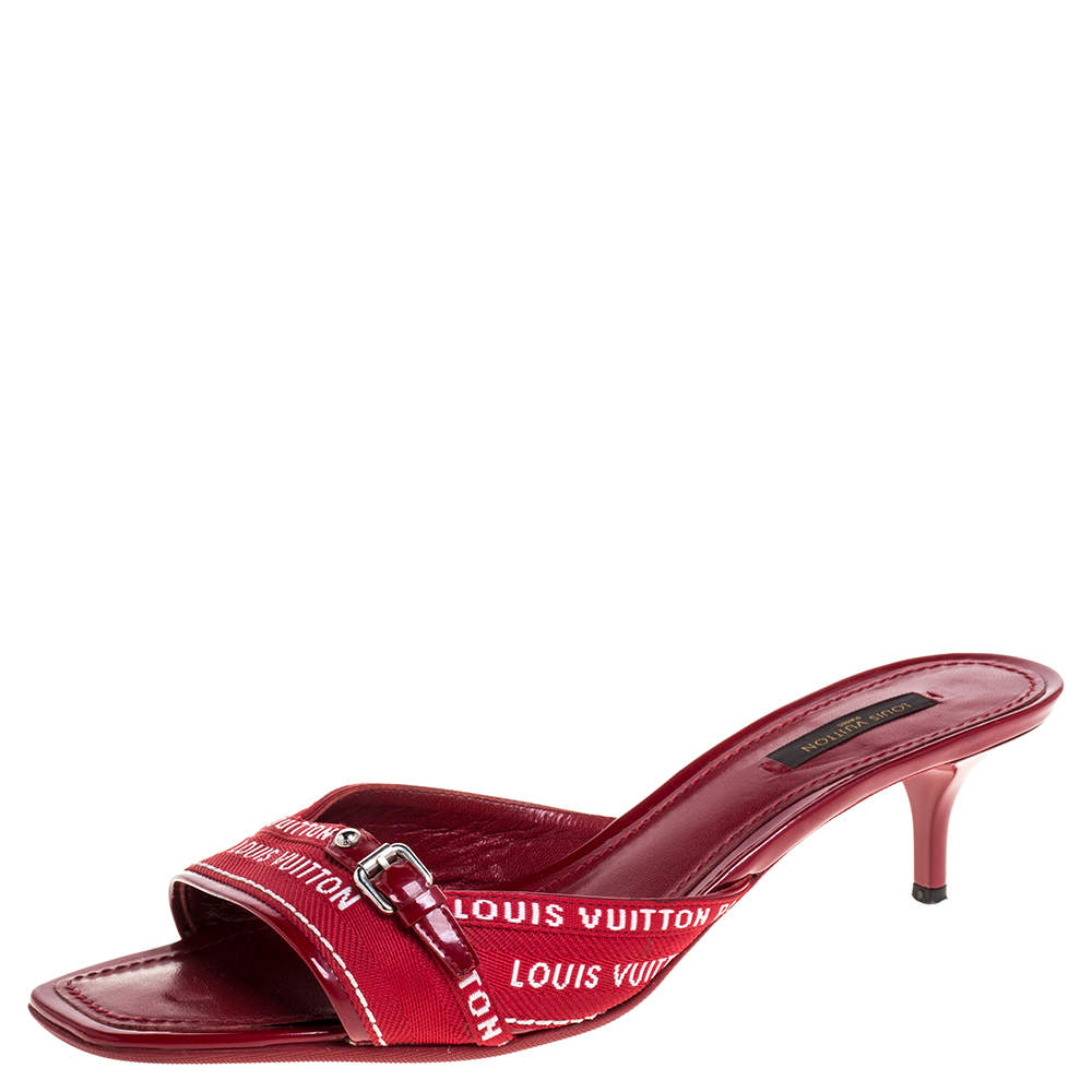 مملوكة مسبقًا Louis Vuitton Red Canvas and Leather Trim Slide Sandals Size 38.5
