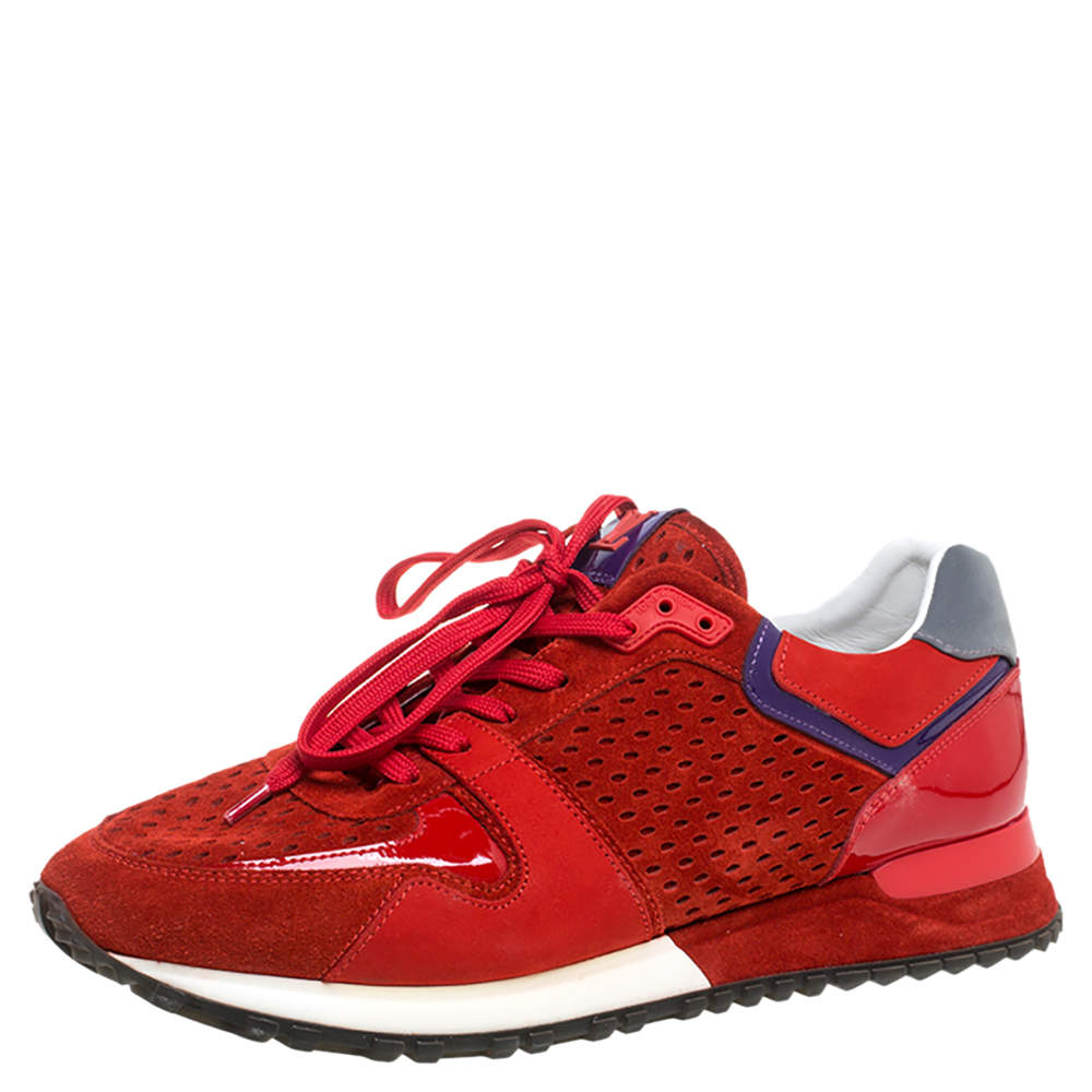 Pre Owned Louis Vuitton Red Perforated Suede And Patent Leather Run Away Low Top Sneakers Size 39