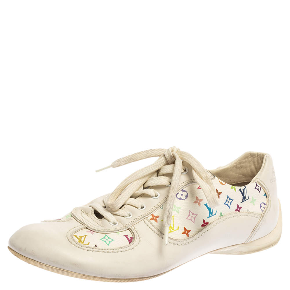 Louis Vuitton White Leather And Multicolor Monogram Canvas Lace Up Sneakers  Size 38