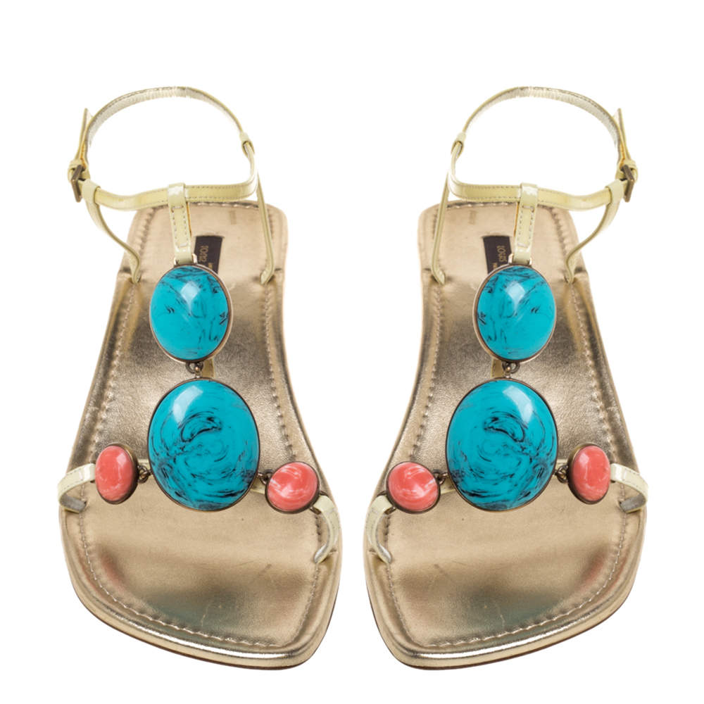 Louis Vuitton Yellow/Gold Patent Leather Coral & Turquose Stone Embellished  Thong Sandals Size 41 Louis Vuitton