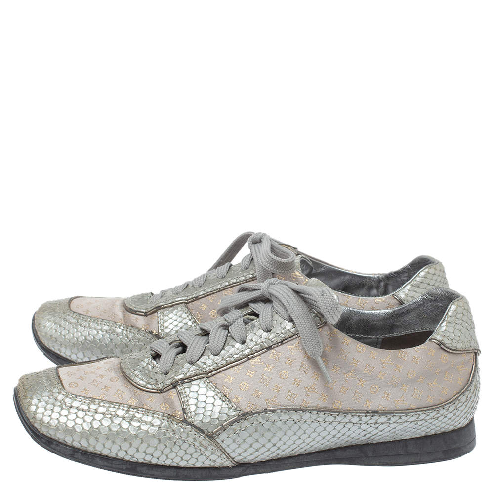Louis Vuitton Silver/Beige Monogram Fabric and Python Lace Low Top Sneakers  Size 38.5 Louis Vuitton