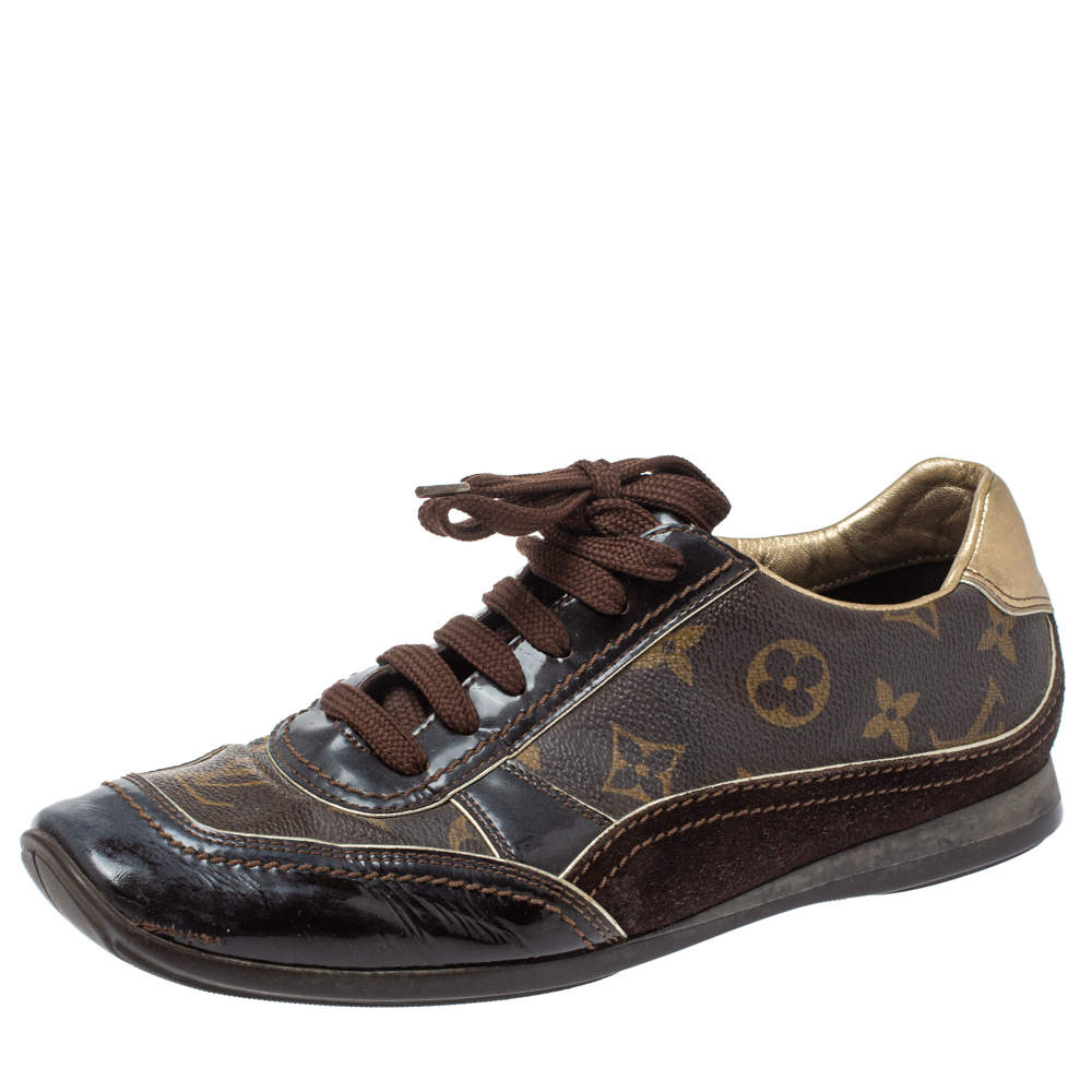Pre Owned Louis Vuitton Brown Monogram Canvas and Patent Leather Globe Trotter Square Toe Sneakers Size 37.5