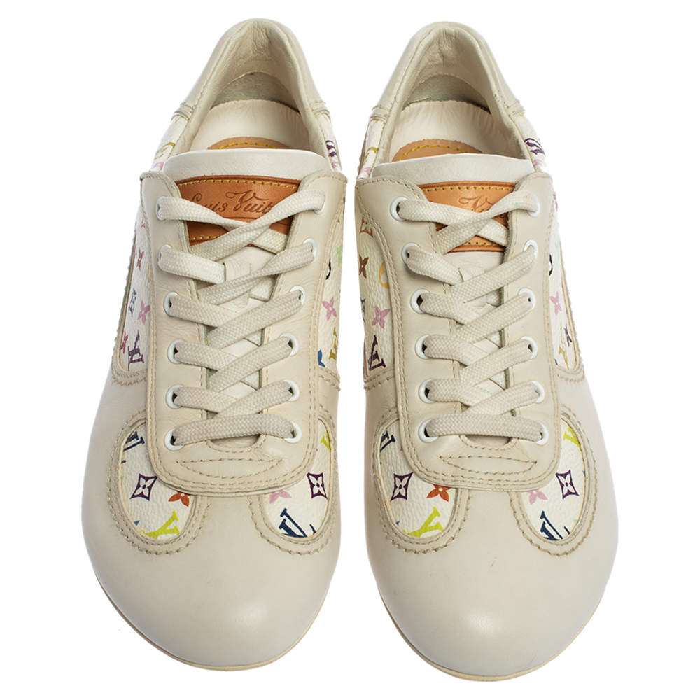 Louis Vuitton White Leather And Multicolor Monogram Canvas Lace Up Sneakers  Size 34 Louis Vuitton