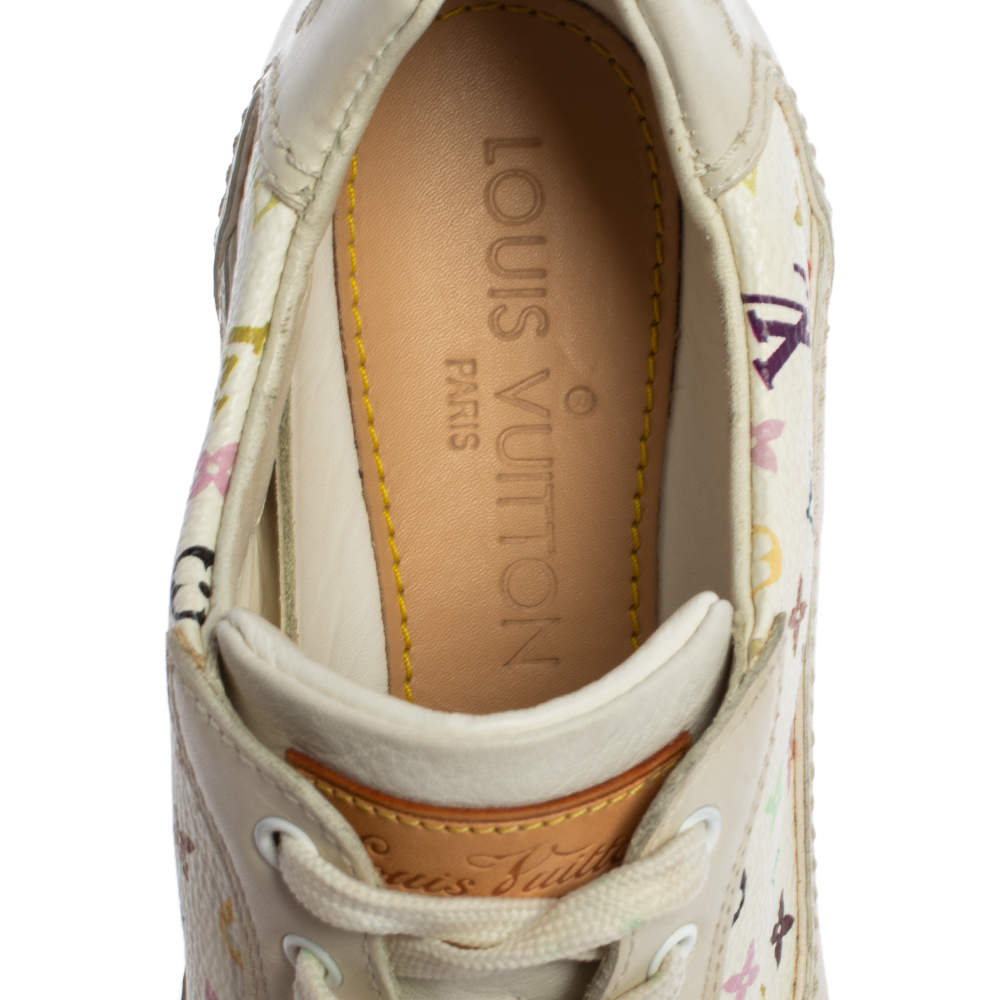 Louis Vuitton White Leather And Multicolor Monogram Canvas Lace Up Sneakers  Size 34 Louis Vuitton