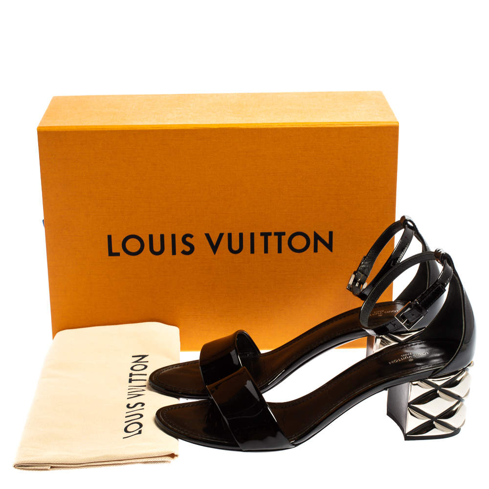 Louis Vuitton Black Patent Silver Block Heel Ankle Strap Sandals Size 40 Louis  Vuitton