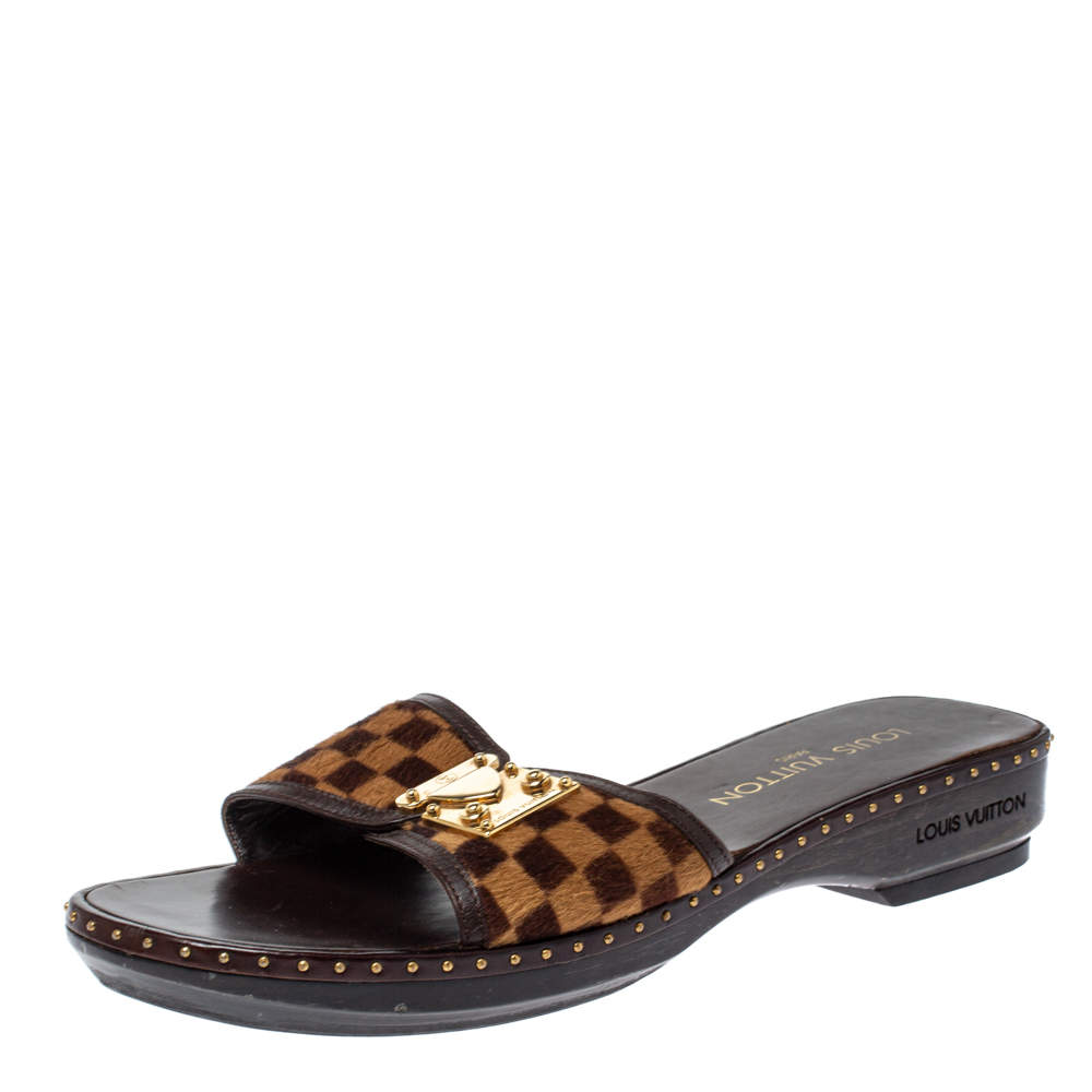 Pre Owned صندل سلايد لوي فيتون كلوغ شعر عجل دامييه بني مقاس 38.5