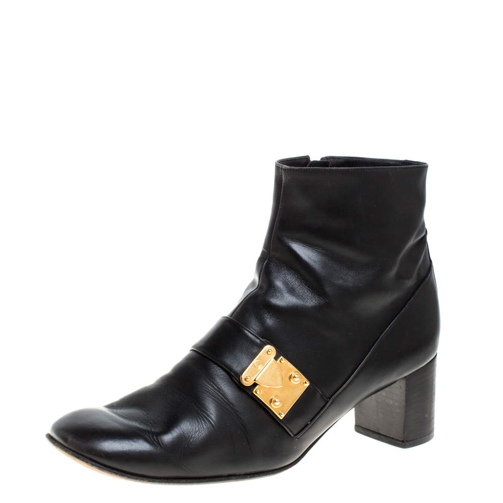 Pre Owned حذاء بوت كاحل لوي فيتون سحاب جلد أسود مقاس 39.5