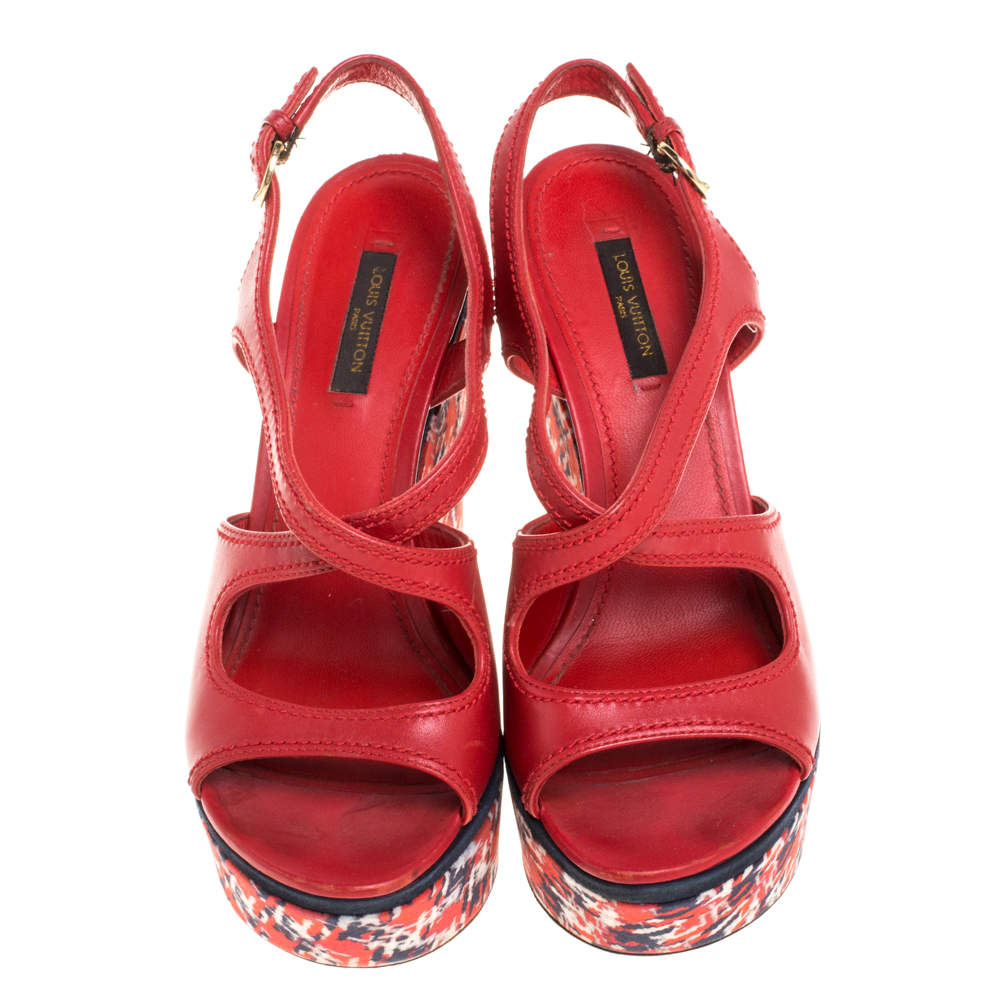 Louis Vuitton Red Leather And Multicolor Fabric Wedge Criss Cross