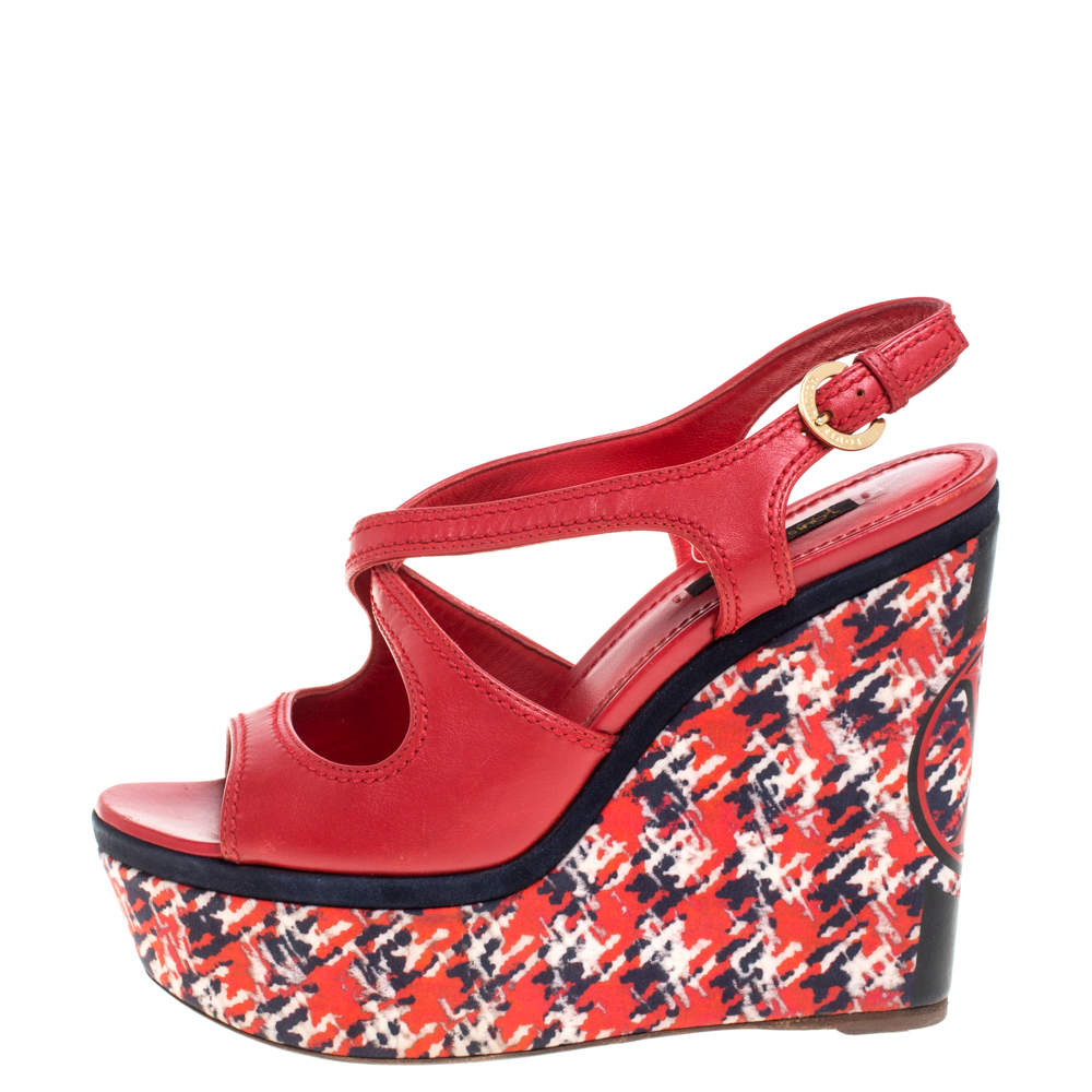 Louis Vuitton Red Leather And Multicolor Fabric Wedge Criss Cross Platform  Slingback Sandals Size 37 Louis Vuitton