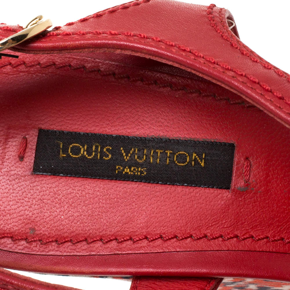 Louis Vuitton Red Leather And Multicolor Fabric Wedge Platform Slingback  Sandals Size 37 Louis Vuitton