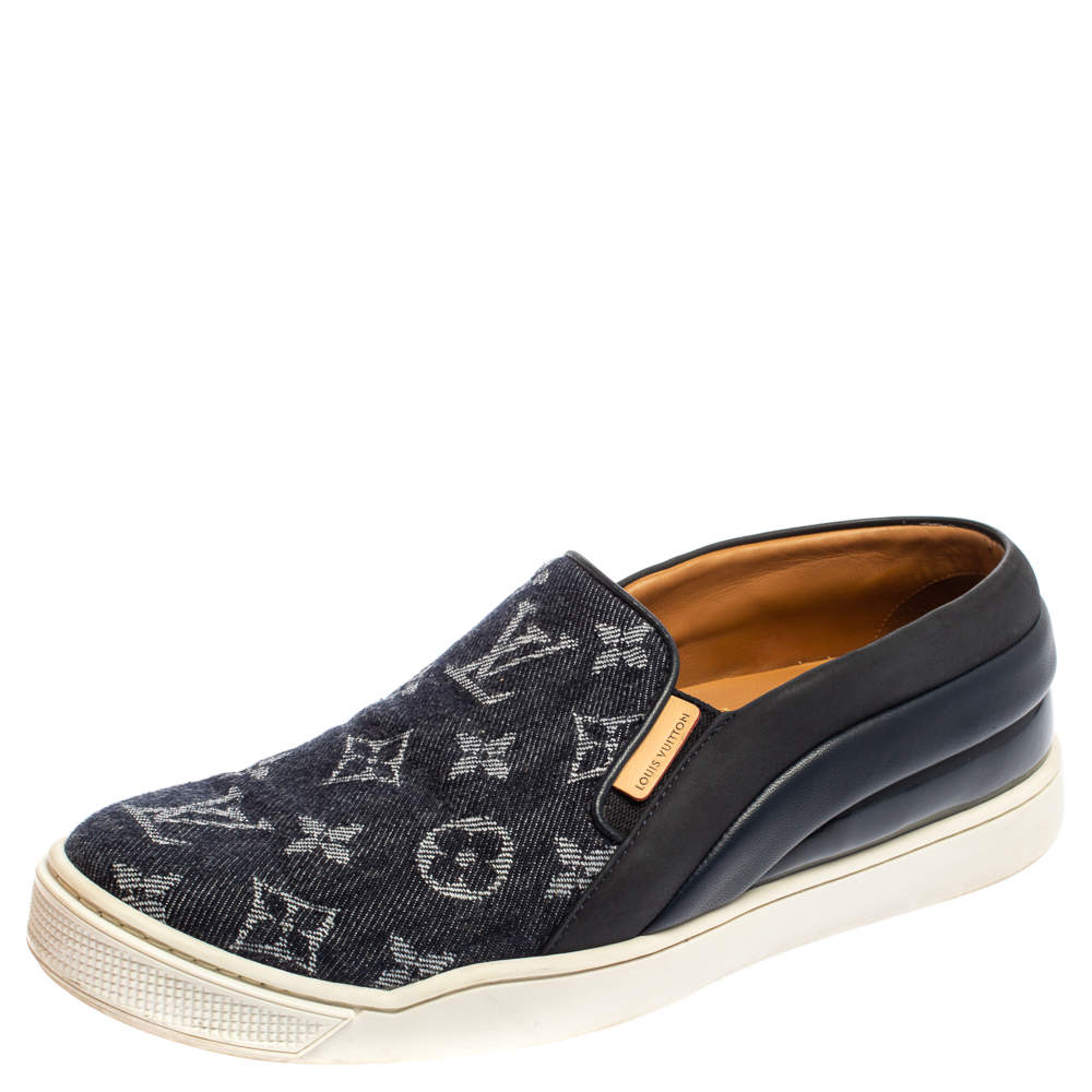Pre Owned Louis Vuitton Blue Monogram Denim And Leather Tempo Slip-On Sneakers Size 37.5