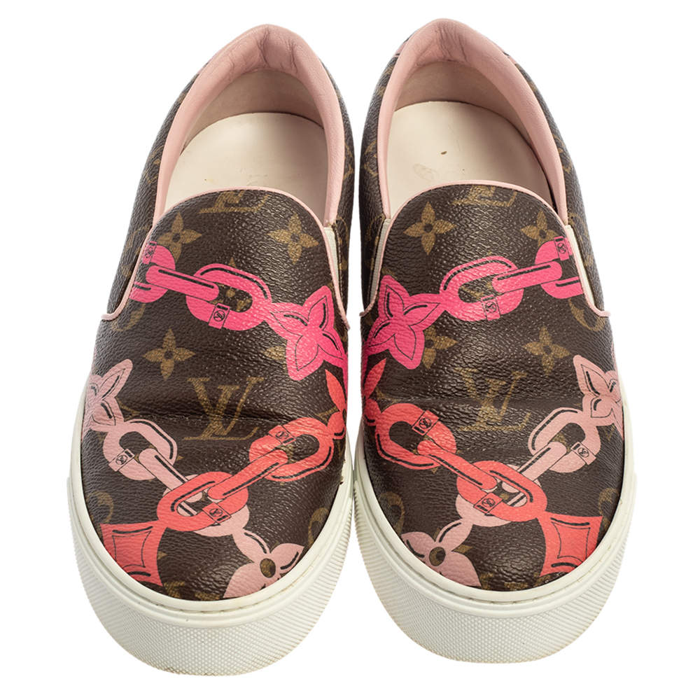 Louis Vuitton Brown Monogram Canvas Chain Print Harbor Slip on Sneakers  Size 39 For Sale at 1stDibs