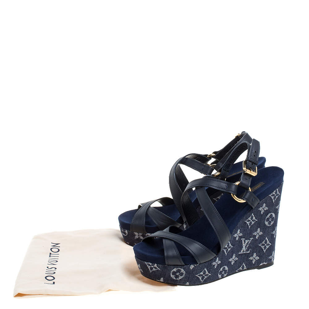 Louis Vuitton Blue Leather And Monogram Denim Wedge Ocean Sandals Size 39.5  Louis Vuitton