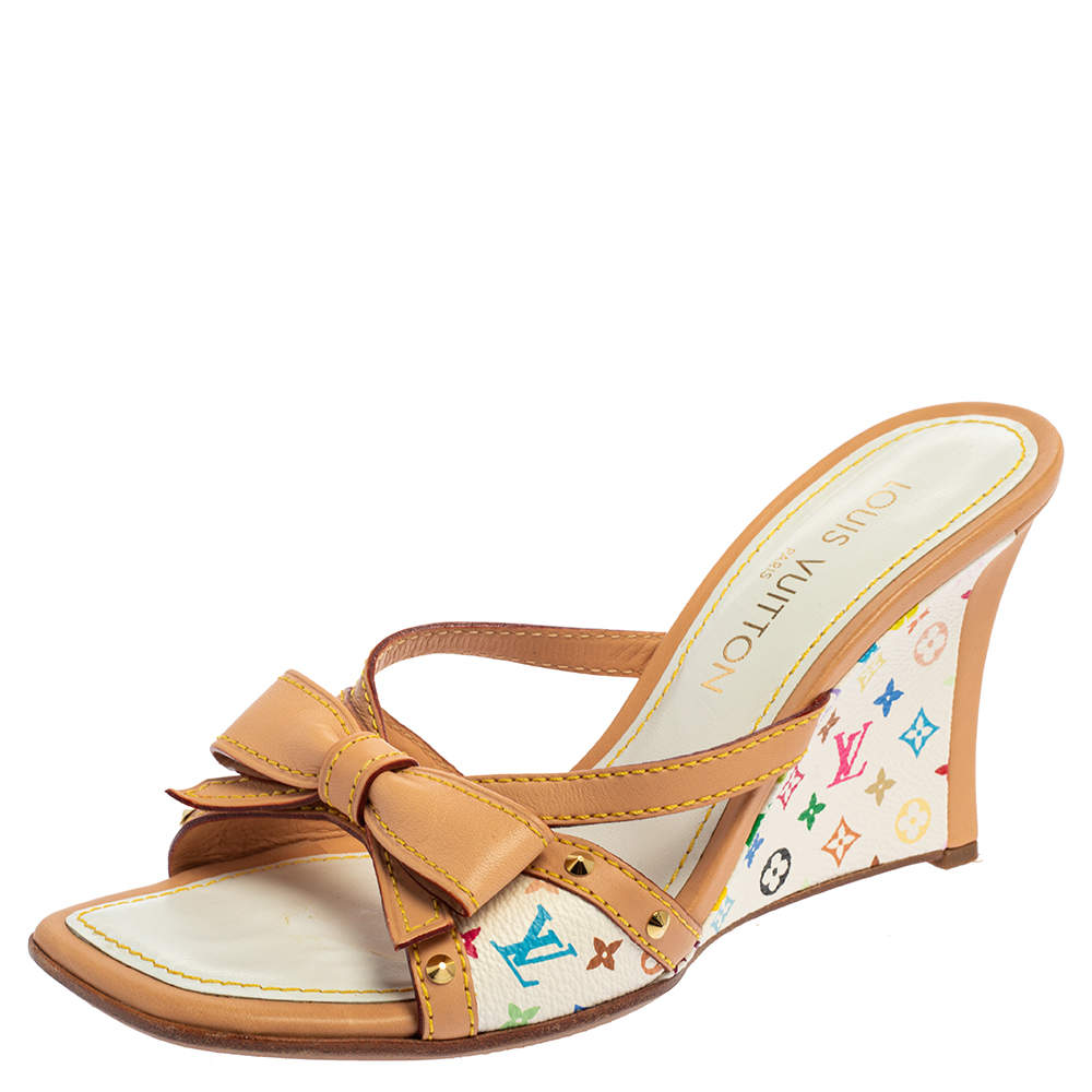 Louis Vuitton women multicolor monogram wedge sole white sandal size 38  used