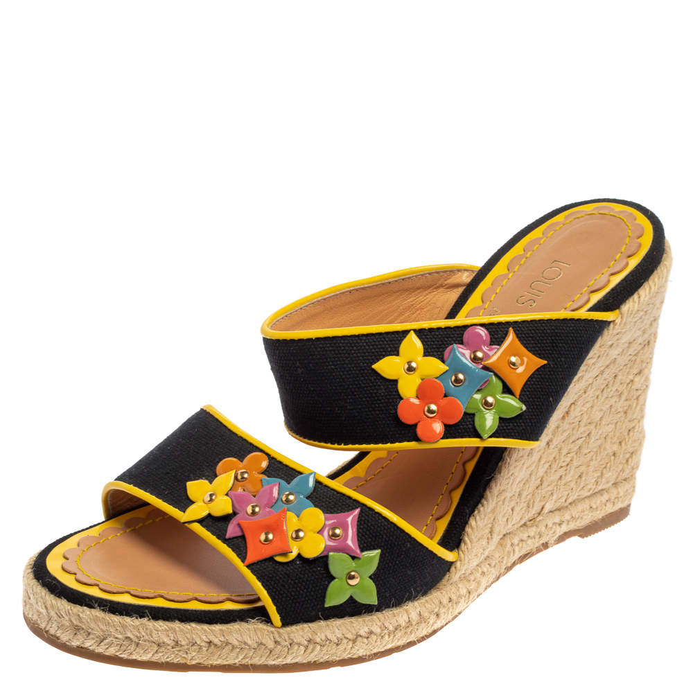 Louis Vuitton Black/Yellow Canvas And Patent Leather Trim Flowers Wedge  Espadrilles Sandals Size 37.5