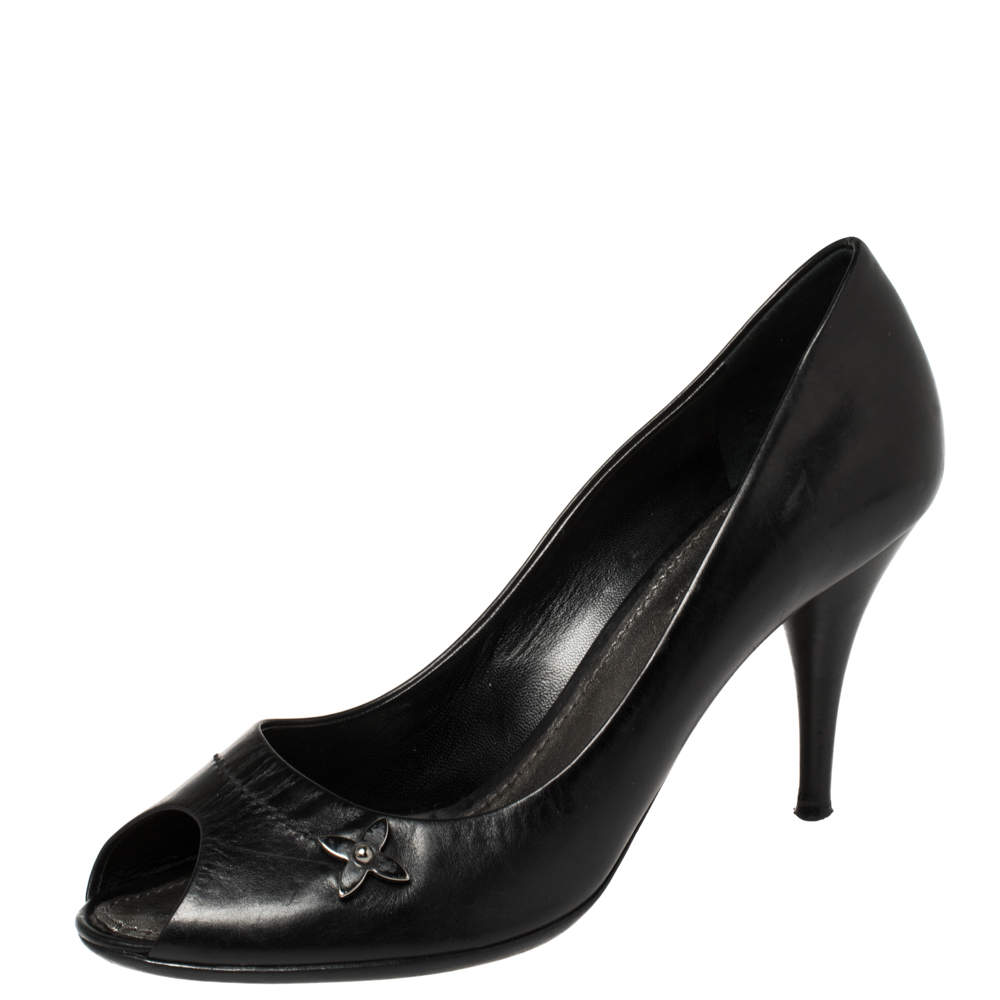 حذاء كعب عالي لوي فيتون مقدمة مفتوحة جلد أسود مقاس 38.5