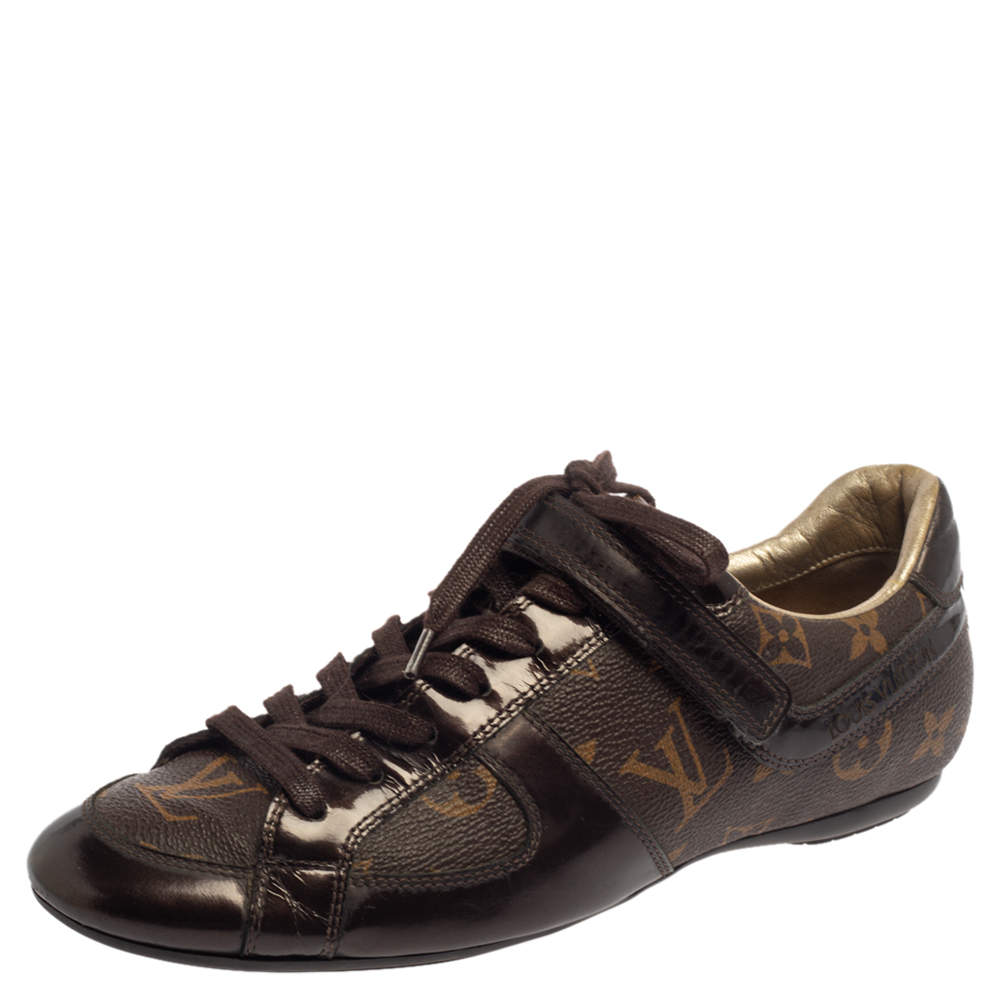 Pre Owned Louis Vuitton Brown Monogram Canvas And Patent Leather Low Top Sneakers Size 36 