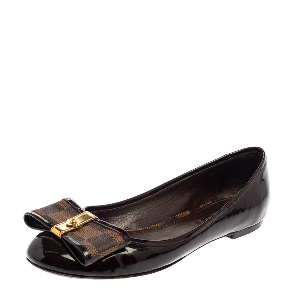 Louis Vuitton Brown Patent Leather And Damier Ebene Canvas Bow Ballet Flats Size 36