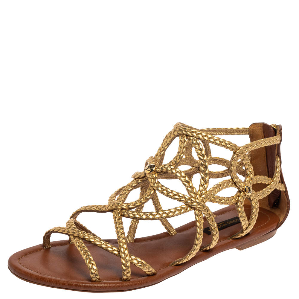 Louis Vuitton Metallic Gold Braided Leather Gladiator Flat Sandals Size 36
