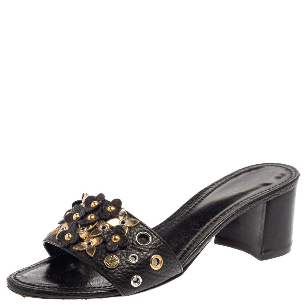  Louis Vuitton Black Leather Applique Embellished Block Heel Slide Sandals Size 37