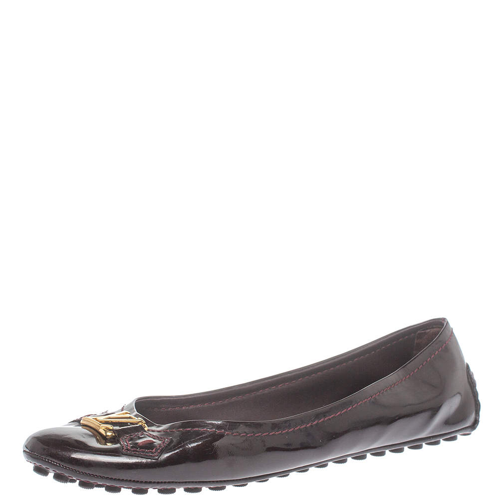 حذاء باليرينا فلات لوي فيتون جلد بني داكن لامع أوكسفوردز مقاس 40.5