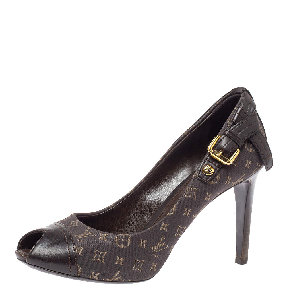 Pre Owned Louis Vuitton Brown Monogram Mini Lin Canvas And Leather Buckle Detail Peep Toe Pumps Size 37