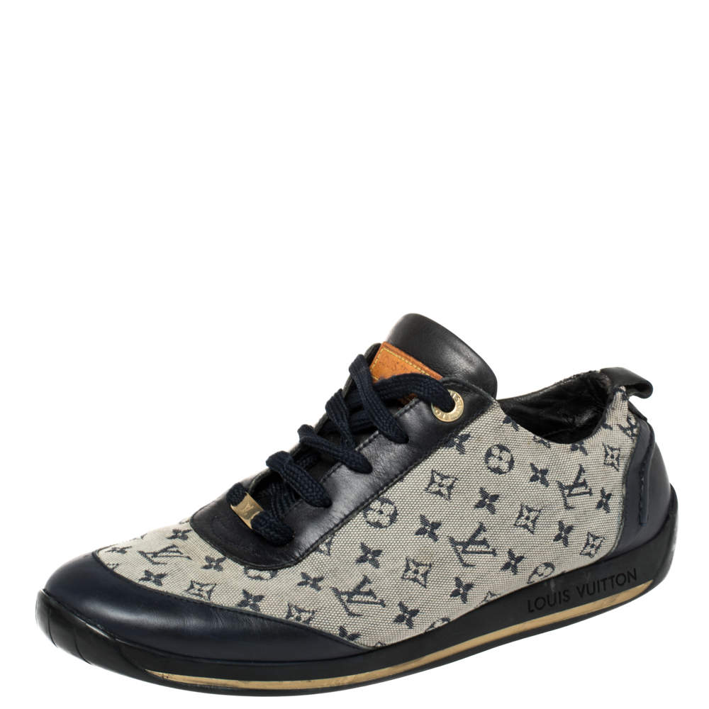 Pre Owned Louis Vuitton Blue/Grey Monogram Canvas And Leather Low Top Sneakers Size 38