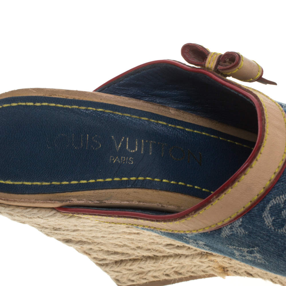 Louis Vuitton Beige/Blue Monogram Denim And Leather Espadrille Wedge Mules  Size 37 Louis Vuitton