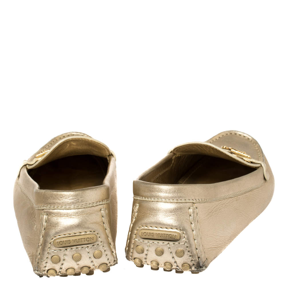 Louis Vuitton Metallic Gold Leather S Lock Slip On Loafers Size 38