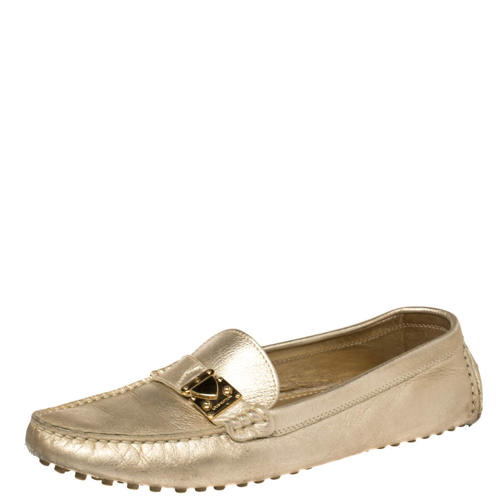 Louis Vuitton Metallic Gold Leather S Lock Slip On Loafers Size 38