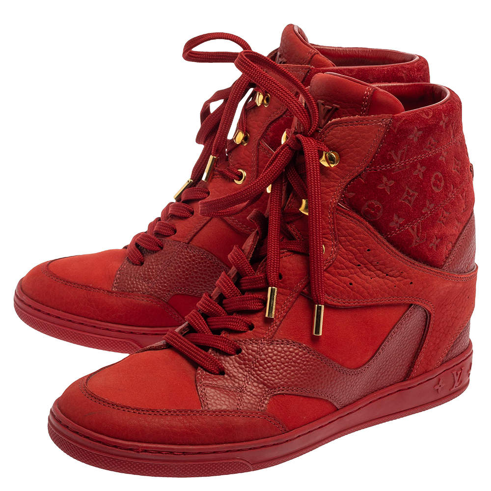 Louis Vuitton Red Leather And Embossed Monogram Suede Millenium Wedge  Sneakers Size 37.5 Louis Vuitton
