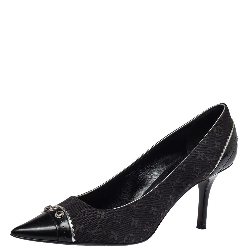 مملوكة مسبقًا حذاء كعب عالي لوي فيتون راكويل مرصع جلد و كانفاس ميني لين أسود مقاس 39