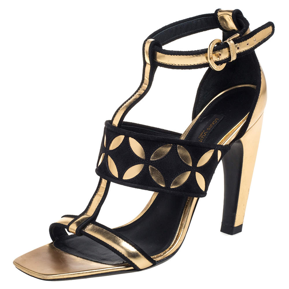Pre Owned Louis Vuitton Gold Leather And Suede Sandals Size 37