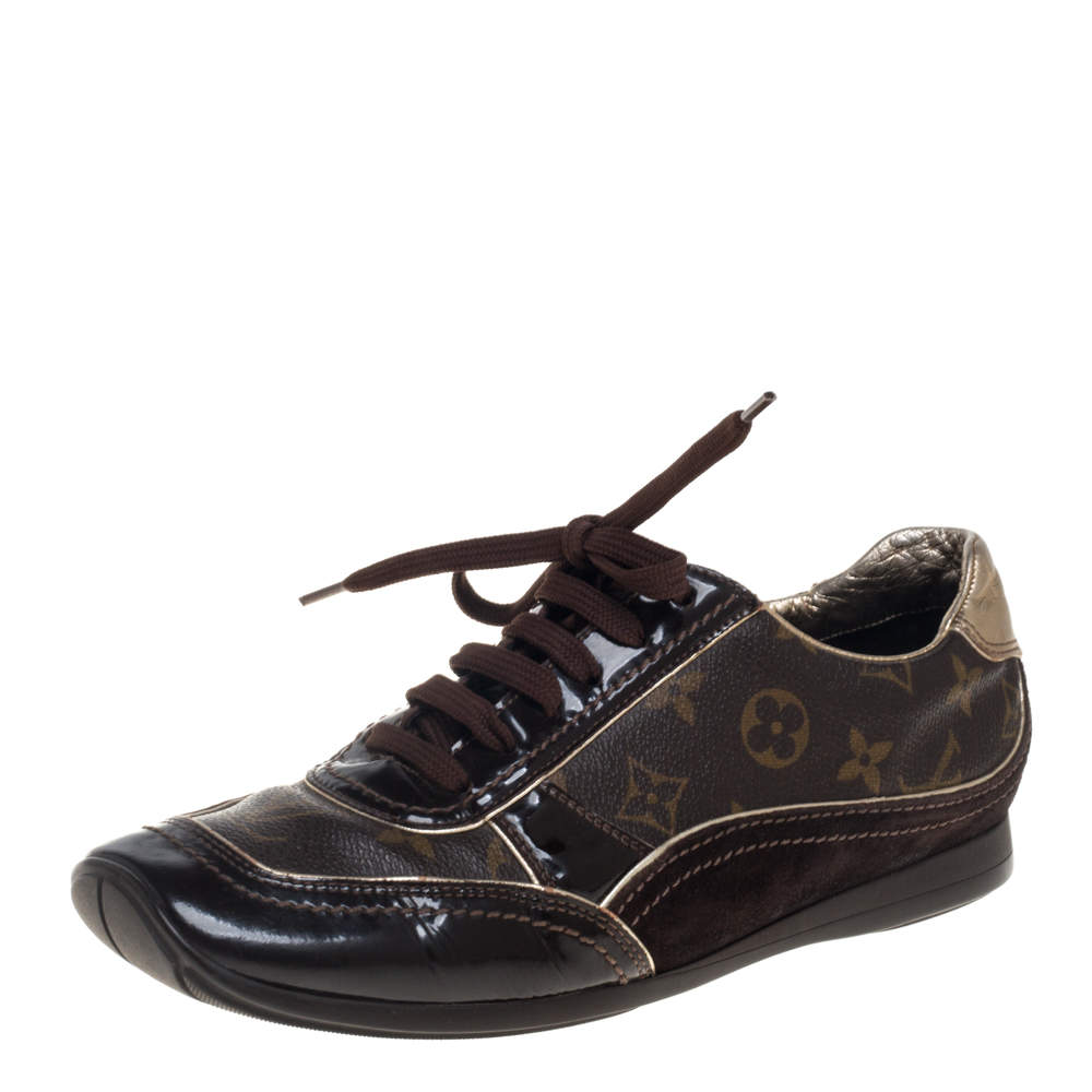 Pre Owned Louis Vuitton Brown Patent Leather And Monogram Canvas Lace Up Sneakers Size 39.5